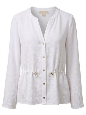 Michael Kors White Textured Button Down Blouse - Drawstring Waist - Size M